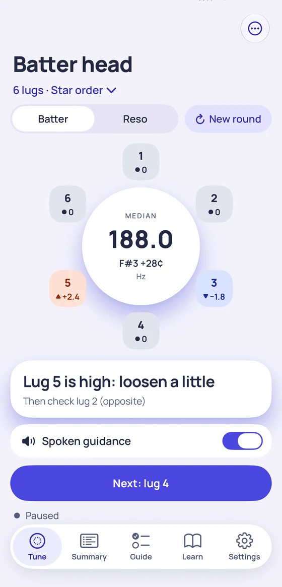 Lug map with six readings, median 188.0 Hz, and the line Lug 5 is high: loosen a little
