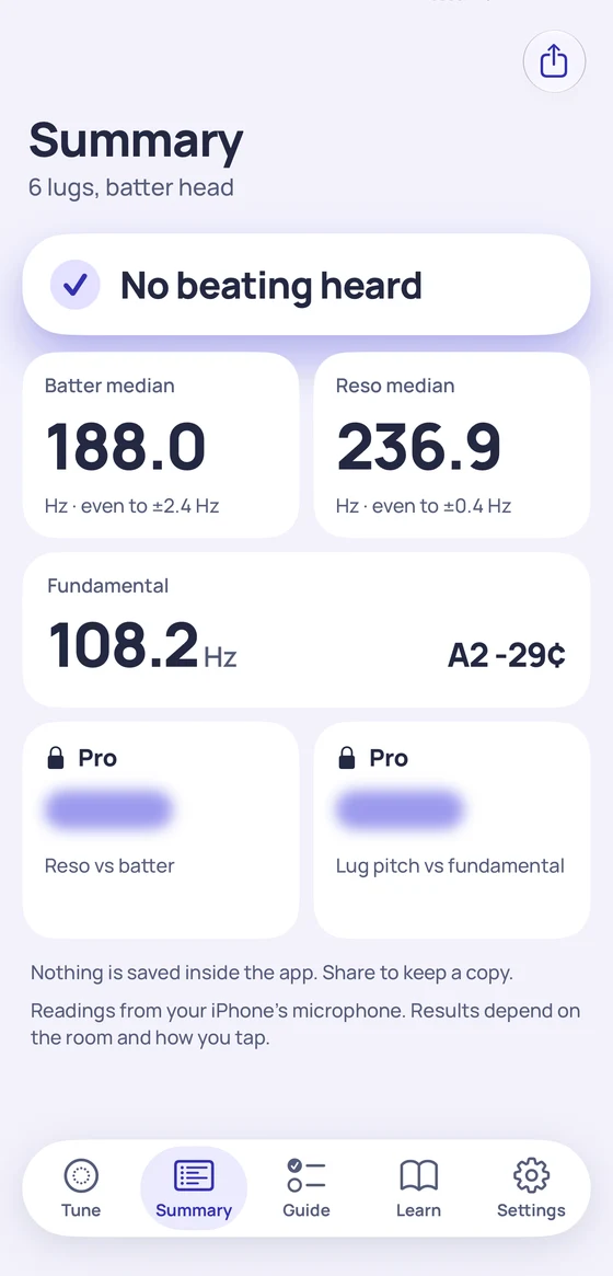 Summary with no beating heard, batter median 188.0 Hz, reso median 236.9 Hz and fundamental 108.2 Hz