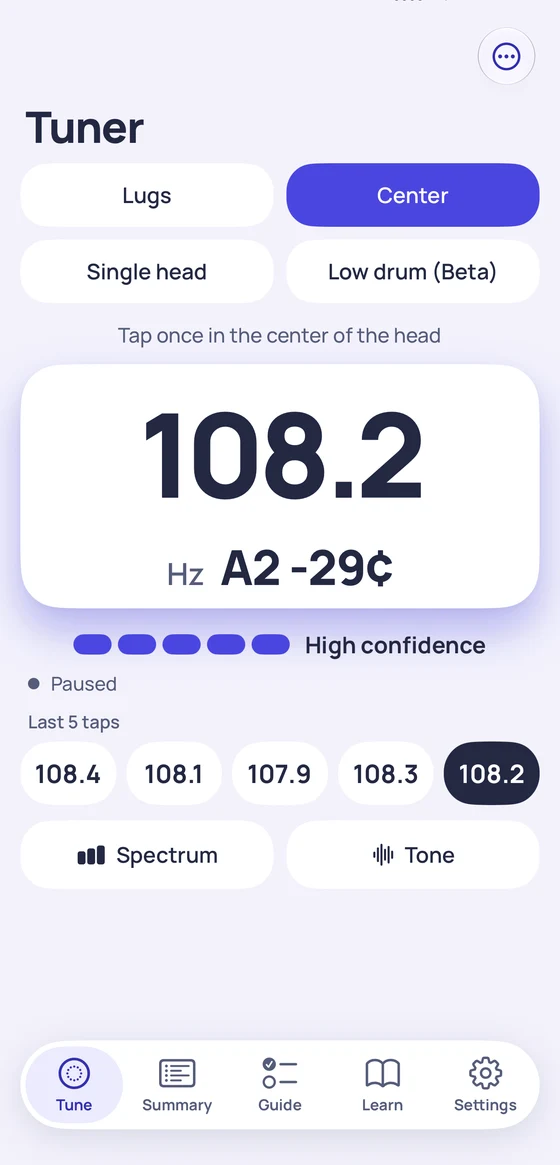 Center tap reading 108.2 Hz, note A2, high confidence, last five taps