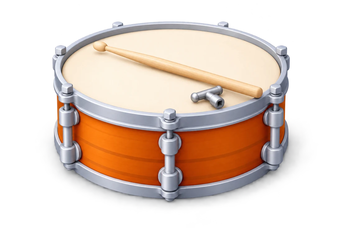 A snare drum with a drumstick and a drum key on the head